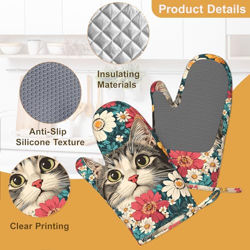 Cute Cat Oven Mitts and Pot Holders Set of 4 (Cute Cat Blooming Colorful Flowers)