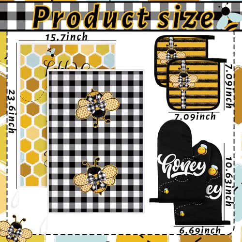 6 Plaid Bee Kitchen Towels Oven Mitts and Pot Holders Sets (Yellow and Black / Bee)