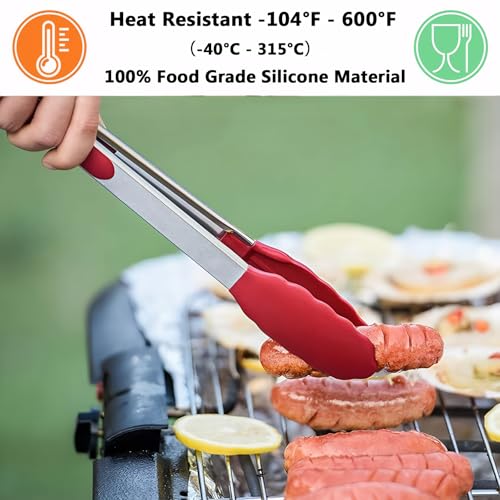 Kitchen Silicone Tongs for Cooking with Non (Red / 2Pcs, 9+12 Inch)