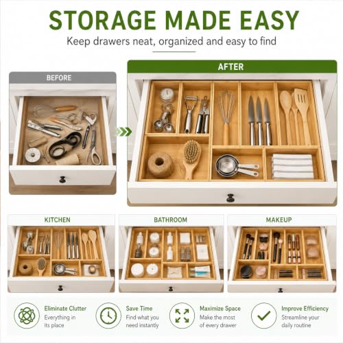8 Pcs Bamboo drawer Organizer Storage Box