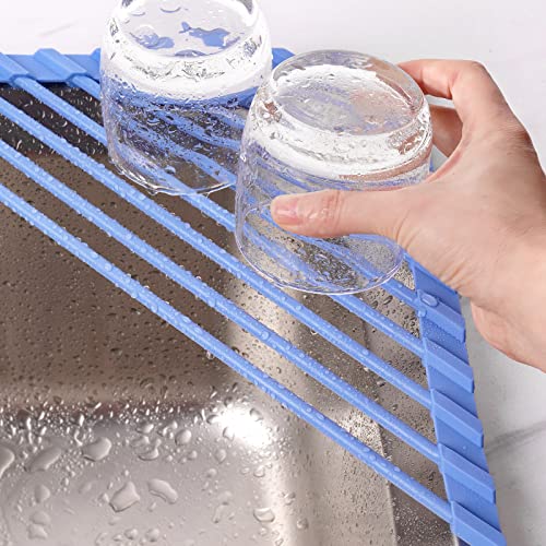 Triangle Roll Up Dish Drying Rack with Silicone Coating (Blue)