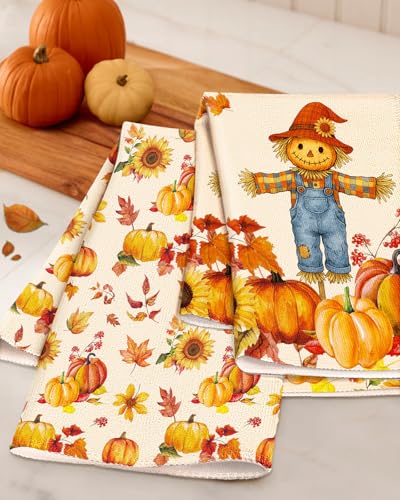 Fall Microfiber Kitchen Towels Set of 2 (Off-white Straw Pumpkin)