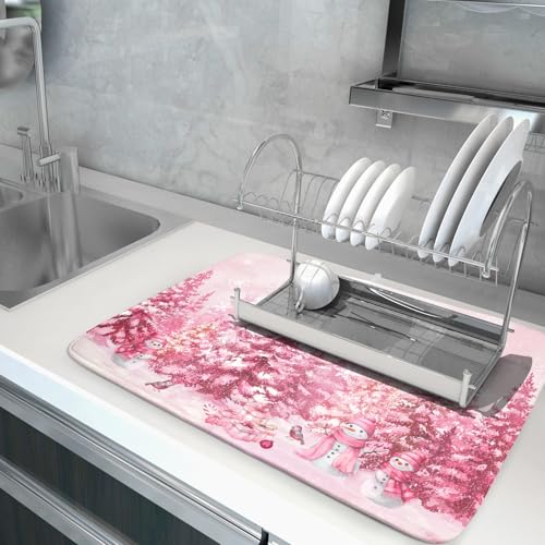 Pink Forest Dish Drying Mat Washable Drying Matt Kitchen Counter (Winter Forest Pink / 24" x 18")