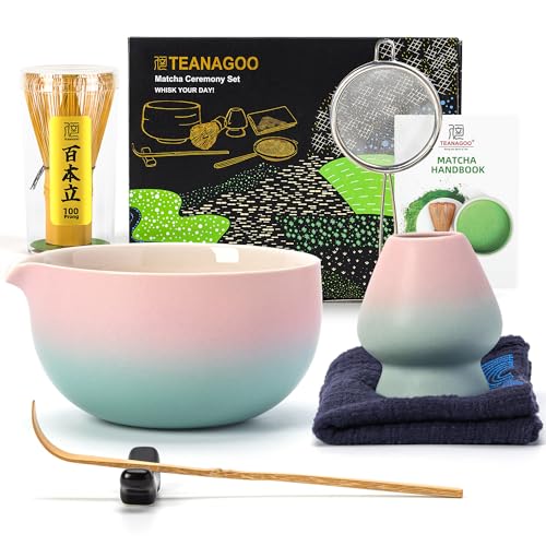 Matcha Whisk Set Pink (Pink Green Gradient 1 / 7 pcs/set, Bowl with Pouring Spout)