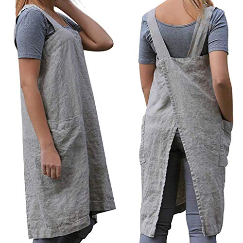 Cotton Linen Apron Cross Back Apron for Women with Big Pockets Square Pinafore Dress for Baking Cooking BBQ & Grill (Gray / Large)