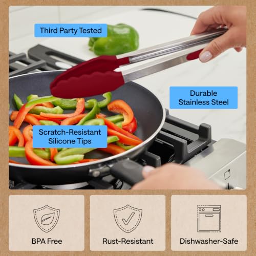 Stainless Steel Kitchen Tongs for Cooking (Red / 7" + 9")