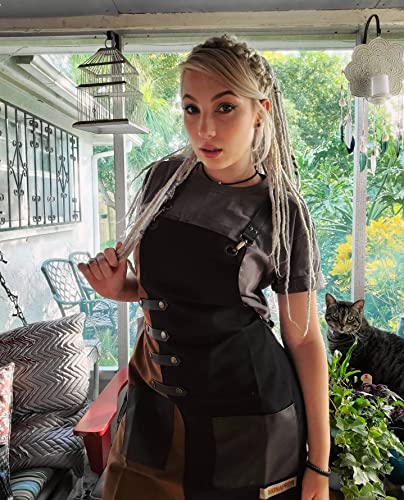 Apron for Women and Men Waterproof Canvas Extra Pocket for Chef Barista Gardening BBQ Grilling Crossback Unisex (Black Brown)