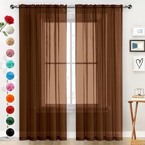 Basic Rod Pocket Sheer Voile Window Curtain Panels Brown 1 Pair 2 Panels 60 Width 84 Inch Long for Kitchen Bedroom Children Living Room Yard（Brown (Brown / 60"W x 84"L (Pack of 2))