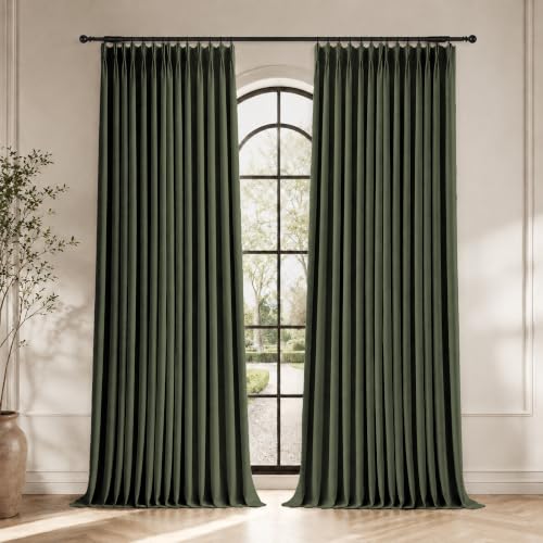 Pinch Pleated 100% Blackout Linen Curtains for Living Room 96 Inch (Loden/Linen 100% Blackout / 40"W x 96"L (Pack of 2))