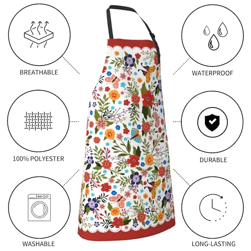 Flowers Kitchen Apron for Women Red Floral Adjustable Cooking Apron (33" x 28"(Pack of 1) / Spring Flowers Red)