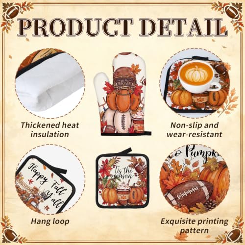 10 Pcs Fall Pumpkin Kitchen Decor Set Kitchen Towels Pot Holders Oven Mitts and Rugs Set Thanksgiving Towels for Baking Cooking BBQ Autumn Home (Dark Orange / Football)