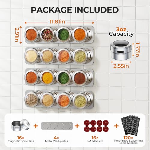 Set of 16 Magnetic Spice Tins with 4 Metal Wall (16 Pack)