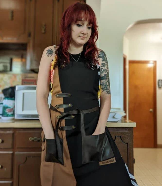 Apron for Women and Men Waterproof Canvas Extra Pocket for Chef Barista Gardening BBQ Grilling Crossback Unisex (Black Brown)