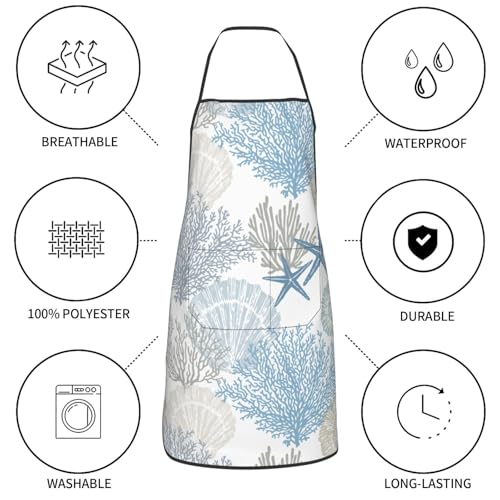 Nautical Coastal Oven Mitts Pot Holders Blue Cooking Apron Set of 5 Silicone Starfish Seashell Coral Beach Themed Kitchen Glove Blue Apron Non (Blue White)