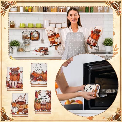 10 Pcs Fall Pumpkin Kitchen Decor Set Kitchen Towels Pot Holders Oven Mitts and Rugs Set Thanksgiving Towels for Baking Cooking BBQ Autumn Home (Dark Orange / Football)
