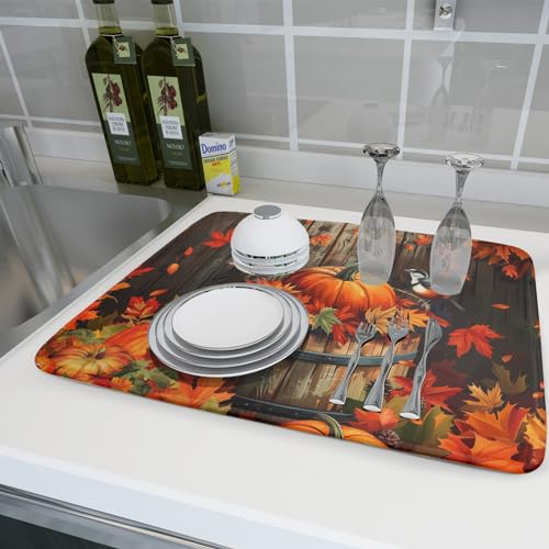 Fall Pumpkin Dish Drying Mat for Kitchen Counter Autumn Pumpkin Dish Mats for Drying 16x18 Inch Kitchen Decor Reversible Absorbent Microfiber Fall Thanksgiving Dishes Pad for Coffee Bar Accessories (Autumn Maple Leaves style / 16" x 18")