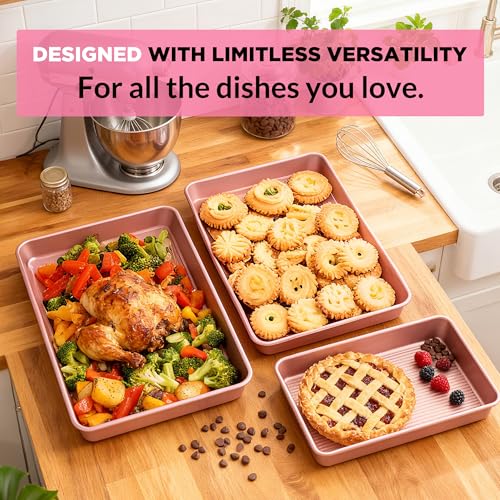 3 Piece Heavy Duty Carbon Steel Baking Sheets Set (Pink)