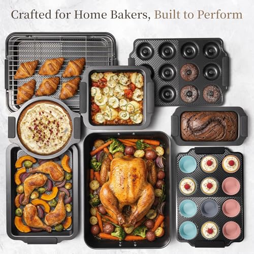 25 Piece Nonstick Baking Pans Set with Large Turkey Roasting Pan (Black)