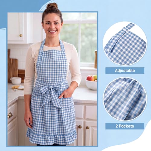 Vintage Apron Ruffle Dress Women 2 Pockets (Light Blue / Gingham)