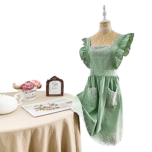 Cute Cotton Apron Frilly Lace Ruffle Adjustable Pinafore Apron Dress with Pockets for Cooking Baking Cleaning Gardening (Light Green)