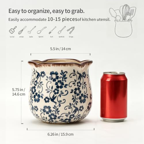 5.75" H Blue Wide Cooking Utensil Holder for Kitchen Counter (Blue Chinoiserie Floral)