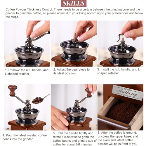 Customizable Wooden Manual Coffee Grinder Set Hand Crank Mill with Removable Bin Dust Cover & Scoop Personalized Nameplate Gift for Camping