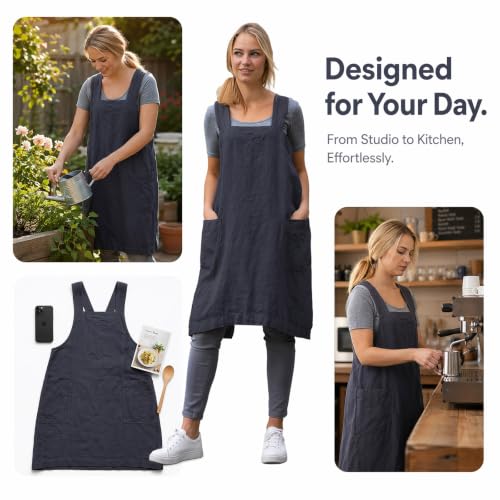 Cross Back Linen Cotton Apron with Pockets (Medium / Dark Grey)