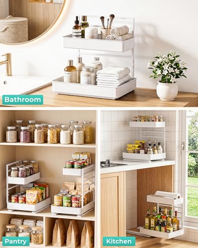 Metal Pull Out Slide Shelf Organizer for Framed or Frameless Under Sink CabinetsOrganization in Kitchen (1 Set / White)