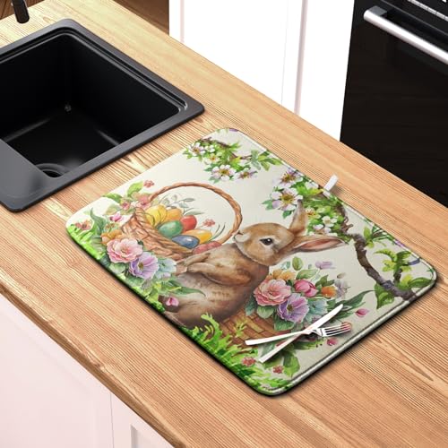 Happy Easter Bunny Kitchen Dish Drying Mat for Dishes 18x24 Inch Spring Colorful Floral Flower Basket Drying Mats Easter Eggs Dish Drainer Mat Super Absorbent Dish Rack Pad for Coffee Bar Sinks (Easter Bunny / 18" x 24")