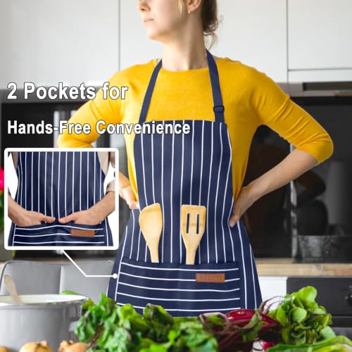 Adjustable Bib Apron with 2 Pockets Chef Cooking Kitchen Restaurant Aprons for Women Men (Blue Wide)