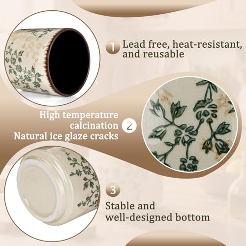 Rustic Ceramic Utensil Holder Brown Green Floral 5.5" (Brown Green Floral / 5.5" / Rustic)
