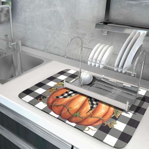 Fall Drying Mats for Kitchen Counter Fall Pumpkin Dish Drying Mat 18 x 24 Inch Autumn Black White Buffalo Check Dish Rack Mat Drainer Pad Thanksgiving Absorbent Microfiber Table Mat for Coffee Bar (Fall Pumpkin-Black White Buffalo Check / 18" x 24")