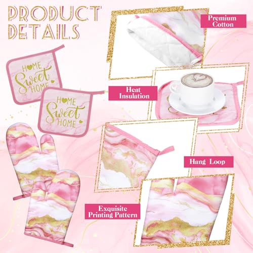 6 Pcs Pink Kitchen Decor Marble Kitchen Towels Set Pot Holders and Oven Mitts Pink Marble Linens Set for Baking Cooking Grilling Cleaning Supply Accessories (Pink)