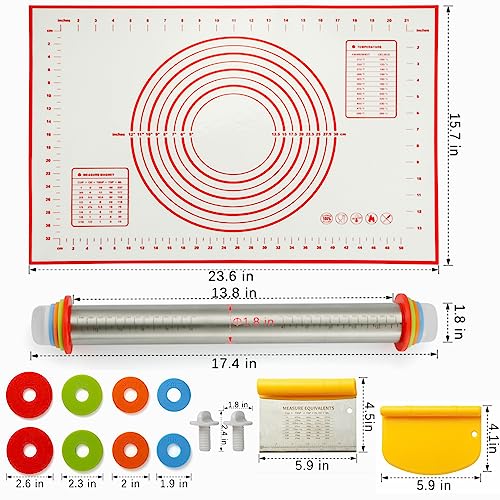 Rolling Pin Rolling Pins Thickness Rings and Silicone Baking Pastry Mat Set
