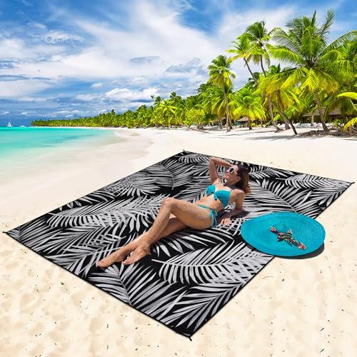 Waterproof Sandproof Beach Blanket Mat for 1 (79" X 83"（1~3 person） / Leaves - Black Base With White Foliage)