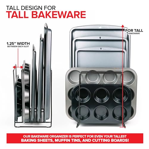 Black (2 Pack) Extra Tall Steel Baking Pan Organizer Rack for Cabinet Storage or Kitchen Counter, Cookie Baking Sheet Organizer with Dividers, Muffin Tin and Cutting Board Holder (Black)