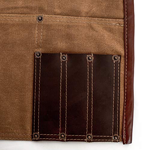 Waterproof Waxed Canvas Tool Apron With the Adjustable Genuine Leather Belt (Khaki)
