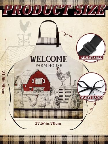 6 Pcs Rooster Aprons for Women with Pockets (Beige / Black and Red Farm Rooster)