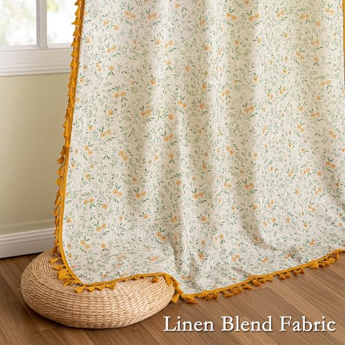 Floral Boho Linen Curtains 84 Inch Long 2 Panels Set with Yellow Tassels Farmhouse Vintage Semi Sheer Bohemian Living Room Bedroom Window Curtains Rustic Country Back Tab (Yellow and Green / 50"W x 84"L (Pack of 2))