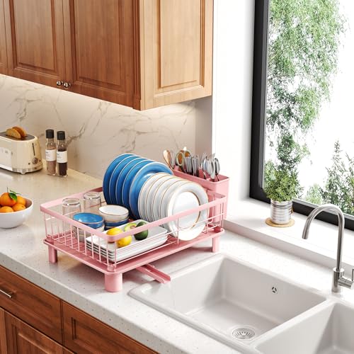 Dish Drying Rack for Small Kitchen Counter (Pink / 11" W x 15" L)