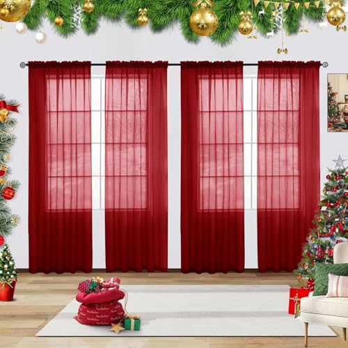 Solid Sheer Rod Pocket Curtain Voile Draperies 4 Panels White Beige Black Grey Ivory 52 Inch Width 45 Inch Long 1 Pair for Kitchen Bedroom Children Living Room Yard (Christmas Red / 52"W x 45"L (Pack of 4))