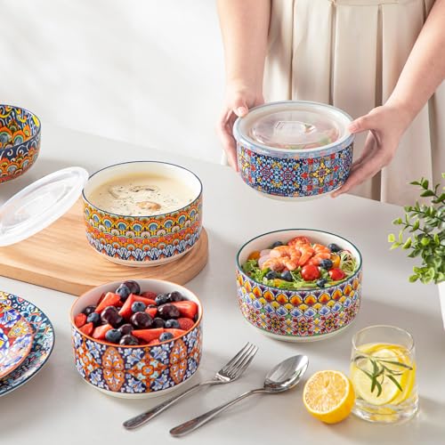 SIMI 36 oz Ceramic Bowls with Lids Set of 4 (Bohemian / 36 OZ (Set of 4))