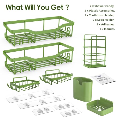 Shower Caddy Adhesive Shower Organizer 7 (Green / 7-Piece Set)
