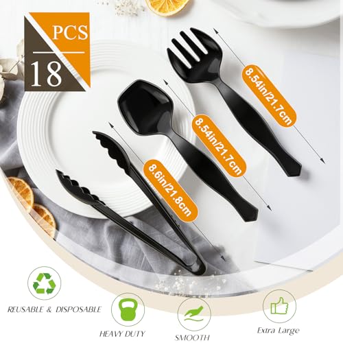 Plastic Serving Utensils Set Disposable Tongs Spoons for Buffet (Black / 18Pcs-Style 2)