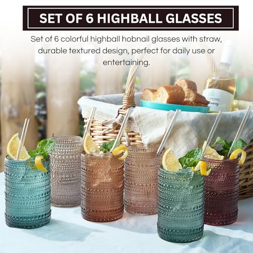 Hobnail Drinking Glasses & Straws (Neutral Muted Colors)