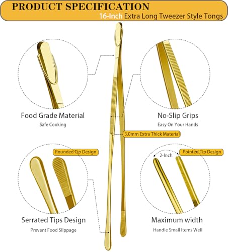 2 Pcs 16 Inch Heavy Duty Cooking Tweezers Extra Large Stainless Steel Food Tweezers Gaint Kitchen Tweezer Tongs (16+16 Inch / Gold)