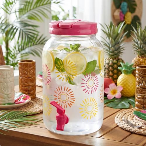 2 Pcs 1 Gallon Plastic Beverage Dispenser with Spigot Clear Summer Kitchen Fridge Drink Dispenser for Parties Lemonade Juice Tea Beer Cold Water (Hot Pink / Sun)