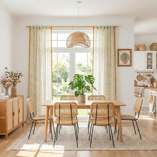 Floral Boho Linen Curtains 84 Inch Long 2 Panels Set with Yellow Tassels Farmhouse Vintage Semi Sheer Bohemian Living Room Bedroom Window Curtains Rustic Country Back Tab (Yellow and Green / 50"W x 84"L (Pack of 2))