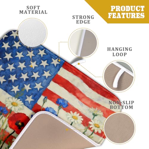Patriotic American Flag Dish Drying Mat for Kitchen Counter 16x18 4th of July Red Blue White Floral Rustic Absorbent Reversible Microfiber Drying Mats Kitchen Countertop Protector Dishes Drainer Pad (16" x 18")