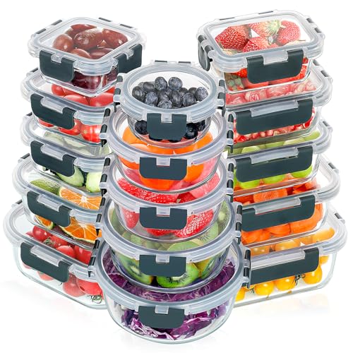 30 Pieces Glass Food Storage Containers Set with Lids (Grey / 30 Pieces)